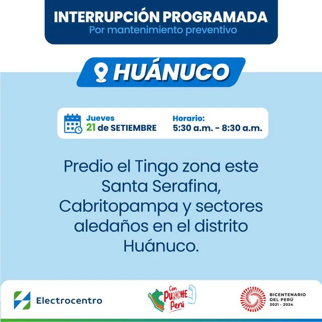  Corte de luz en Huánuco, jueves 21 de septiembre. Foto: Electrocentro   