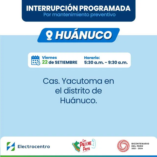  Corte de luz en Huánuco, 22 de septiembre. Foto: Electrocentro   