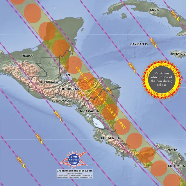  Trayectoria del eclipse solar anular de octubre de 2023 en México y Centroamérica. Foto: NASA   