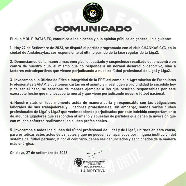 Comunicado de Pirata FC. Foto: Twitter/Pirata FC   