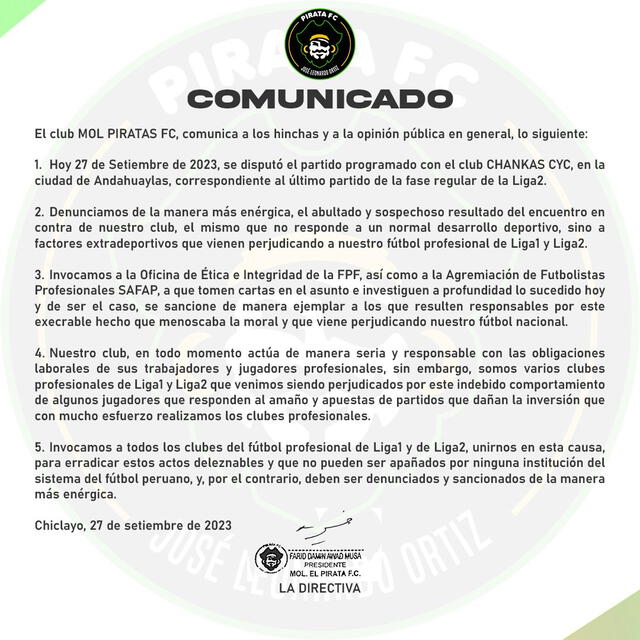 Comunicado de Piratas tras la derrota ante Chankas. Foto: Piratas FC   