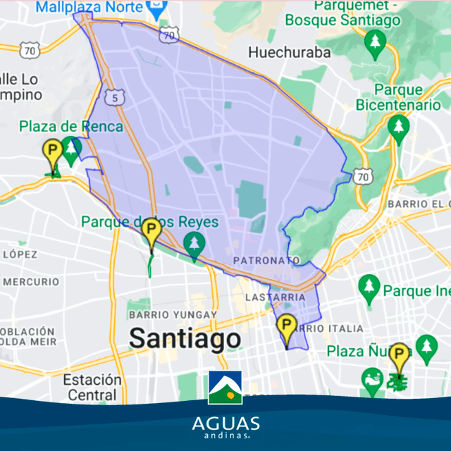 Aguas Andinas compartió un mapa de las comunas que serán perjudicadas por la suspensión del servicio. Foto: Aguas Andinas/X   