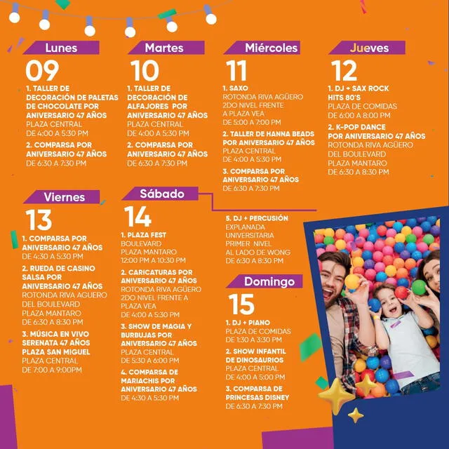  Estas son algunos de los eventos que se realizarán por el 47° aniversario de Plaza San miguel. Foto: Facebook/Plaza San Miguel   