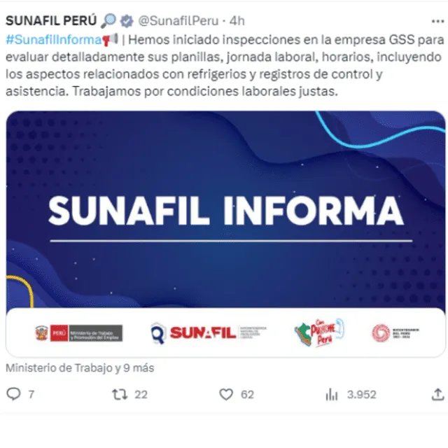 Pronunciamiento de Sunafil sobre la denuncia contra supervisora de GSS. Foto: Twitter/Sunafil   