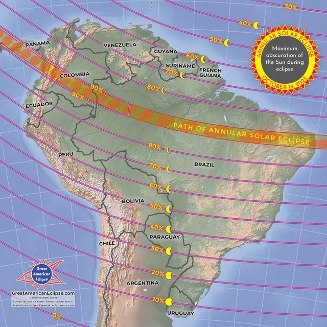  Trayectoria del eclipse solar anular. Chile, por ubicarse muy al sur del continente, solo experimentará un eclipse solar parcial. Foto: NASA   