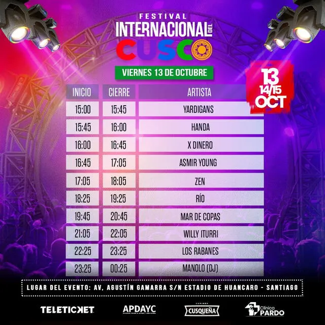 Itinerario completo para el viernes 13 de octubre para el Festival Internacional del Cusco. Foto: Festival Internacional del Cusco 