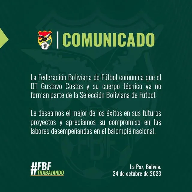 Comunicado sobre el despido de Gustavo Costas. Foto: FBF   