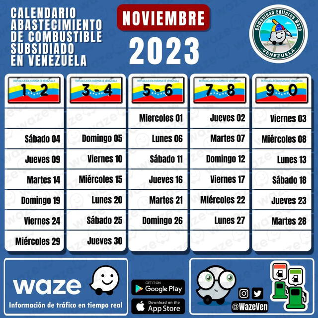 El cronograma para surtir gasolina subsidiada se renueva cada mes. Foto: Waze Venezuela/Facebook