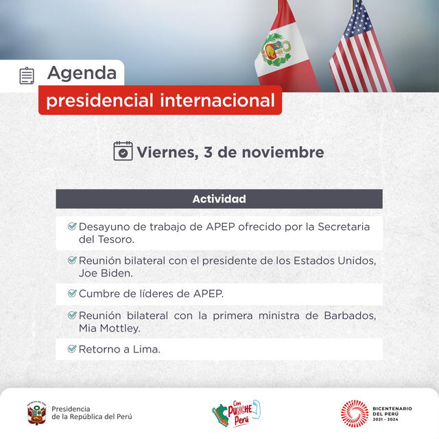  Agenda de las actividades de Dina Boluarte en Estados Unidos. Foto: Presidencia   