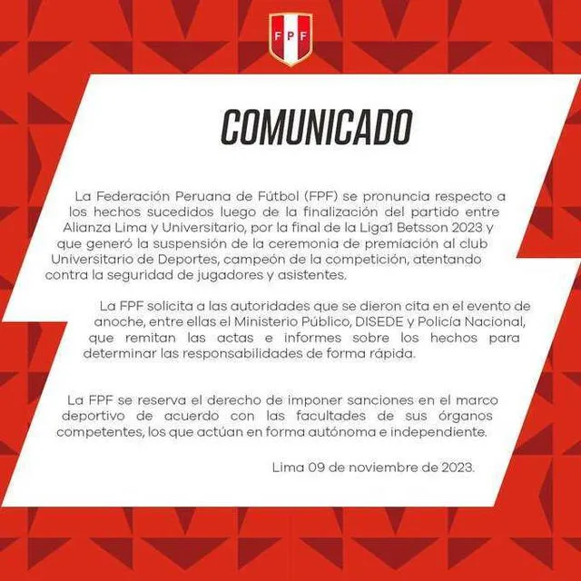 Comunicado de la FPF. Foto: FPF   