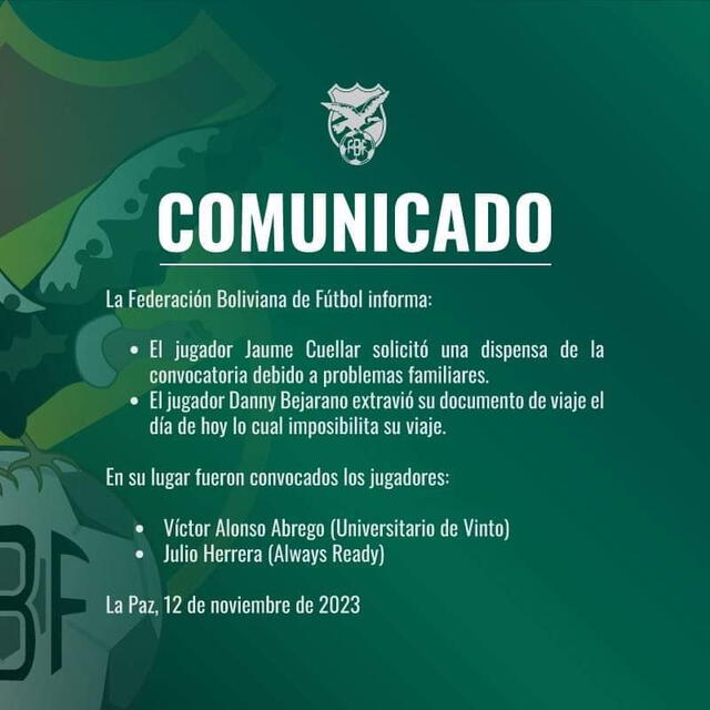  Comunicado de la selección boliviana. Foto: FBF.   