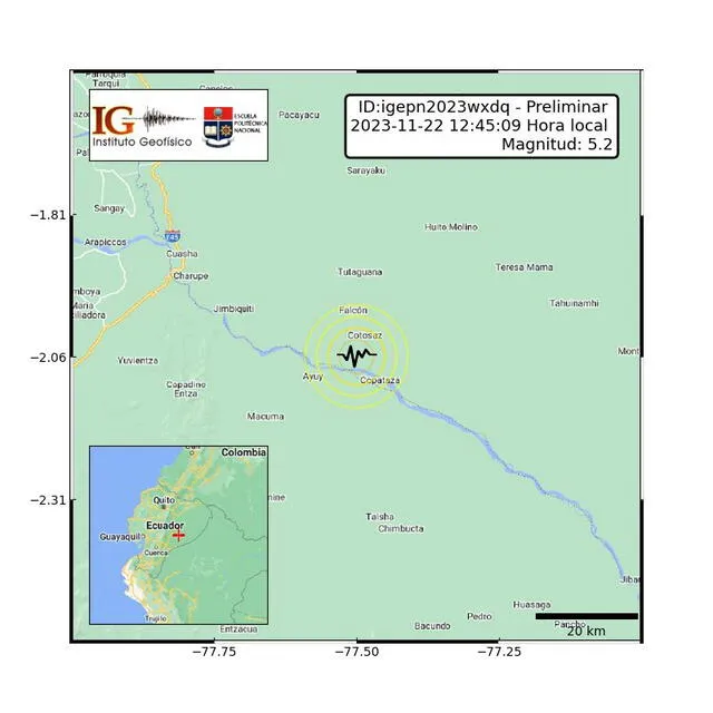 Instituto Geofísico de Ecuador informó que el sismo de este 22 de noviembre se registró a las 12.45 p. m. Foto: Instituto Geofísico/Twitter   