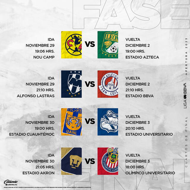 Programación de los cuartos de final. Foto: Liga MX   