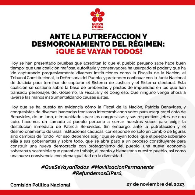  Nuevo Perú emite comunicado. Foto: 'X' 