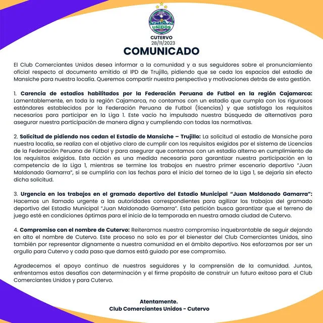 Comunicado oficial. Foto: Comerciantes Unidos   