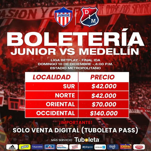 Precios de las entradas para el Junior vs. Medellín. Foto: Junior 
