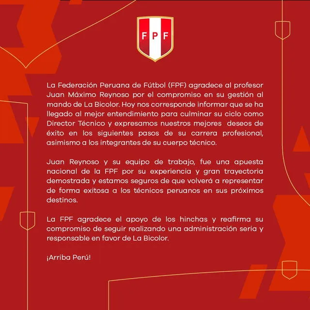 Comunicado de la FPF sobre Juan Reynoso. Foto: FPF 