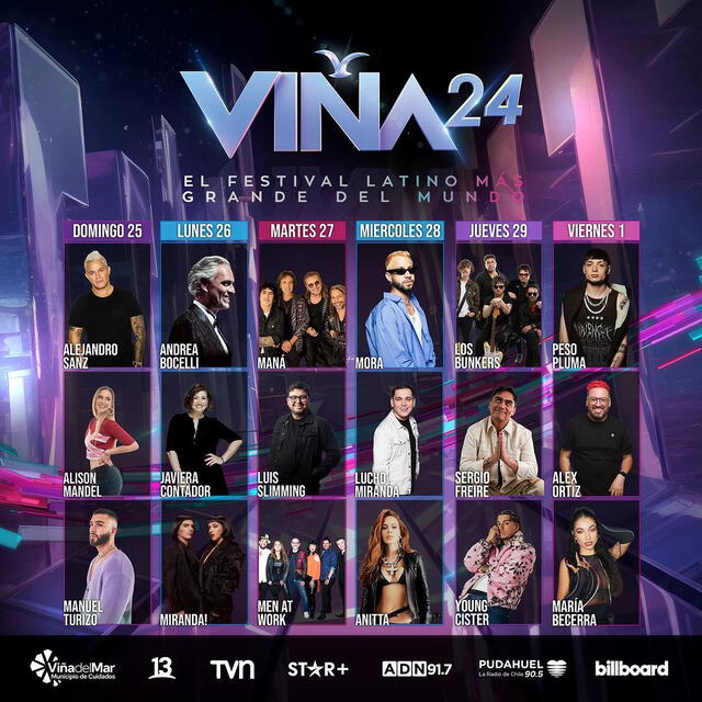  Artistas presentes en Festival Viña del Mar 2024. Foto: Instagram/Festival Viña del Mar 2024 
