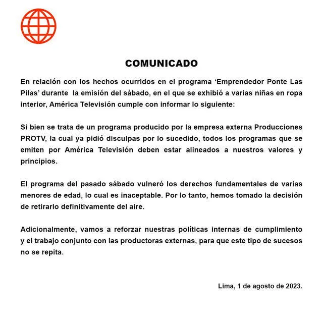 América TV y su pronunciamiento sobre 'Emprendedor, ponte las pilas'. Foto: América TV América TV y su pronunciamiento sobre 'Emprendedor, ponte las pilas'. Foto: América TV