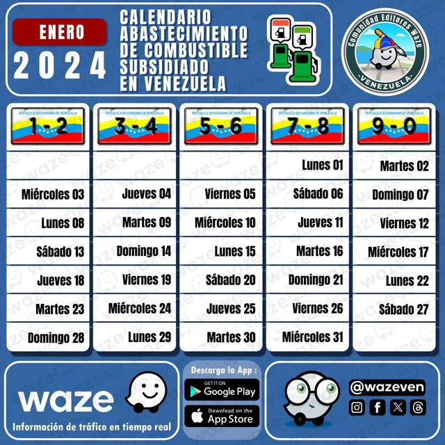  Este es el cronograma de enero 2024 de la gasolina subsidiada en Venezuela. Foto: WazeVen/ Instagram   