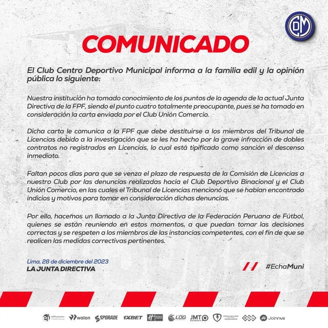 Comunicado oficial. Foto: Deportivo Municipal   