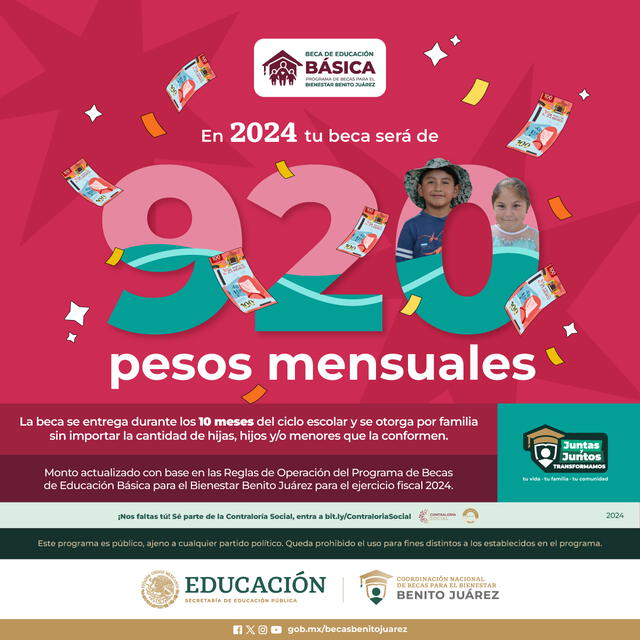  La popular beca entregará 920 pesos mensuales. Foto: Coordinación Nacional de Becas para el Bienestar Benito Juárez   