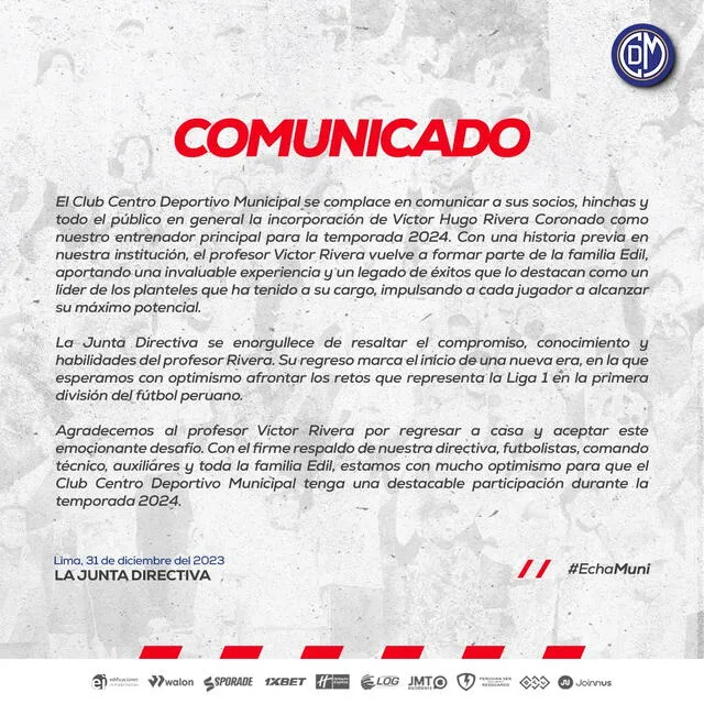 Comunicado de Deportivo Municipal sobre su nuevo entrenador. Foto: X 