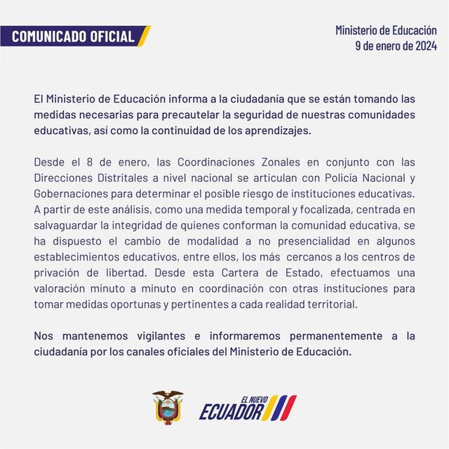 Ministerio de Educación se encuentra trabajando con la Policía Nacional para evitar el riesgo de posibles atentados en las escuelas de Ecuador. Foto: EducacionEC/X   