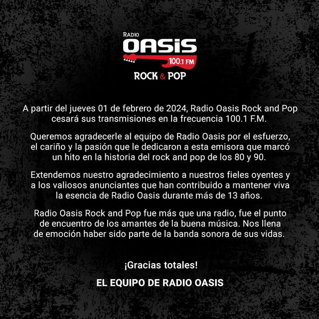  Comunicado de radio Oasis. Foto: X/radio Oasis 
