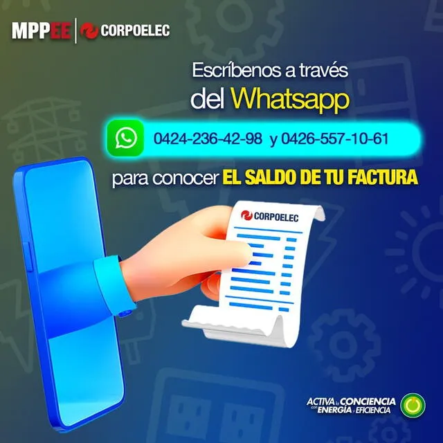 Puedes consultar tu deuda de electricidad vía WhatsApp. Foto: Corpoelec/X