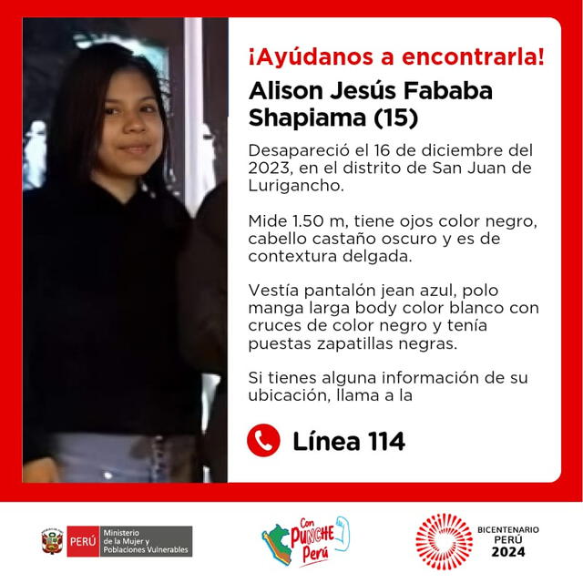 Alison tiene 15 años de edad. Foto: Ministerio de la Mujer y Poblaciones Vulnerables (MIMPV)/Twitter   