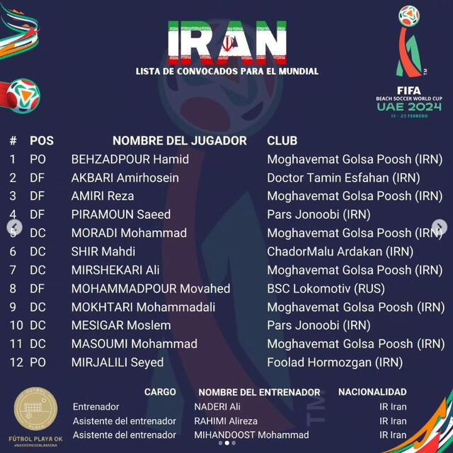 Lista de convocados de Irán para el Mundial de Fútbol Playa 2024. Foto: futbolplayaok/Instagram   