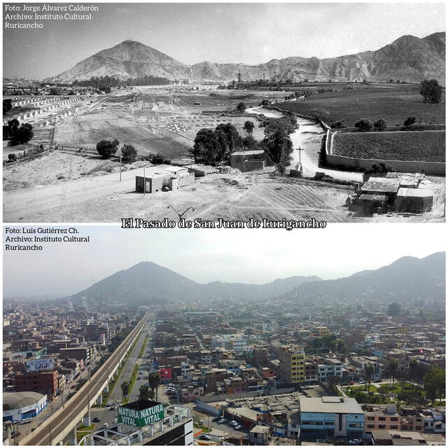 Comparación de la vista panorámica de San Juan de Lurigancho en 1960 (arriba) y en la 2022 (abajo). Foto: archivo fotográfico del Instituto Cultural Ruricancho/David Reyes/Facebook   
