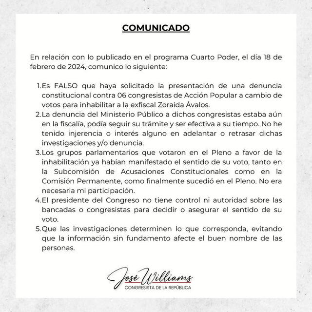 Comunicado de José Williams. Foto: X/José Williams   