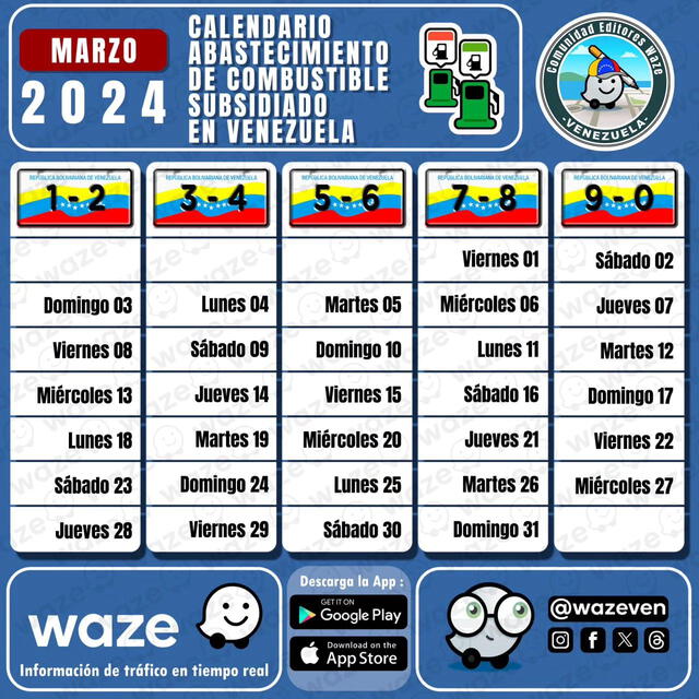  Este es el cronograma de marzo 2024 de la gasolina subsidiada en Venezuela. Foto: WazeVen/ Instagram.   
