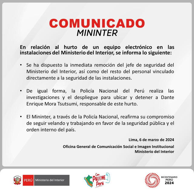 Ministerio del Interior se pronuncia sobre robo en la sede de San Isidro. Foto: Twitter/Ministerio del Interior   