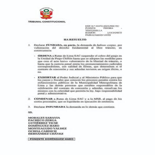  El Tribunal Constitucional aceptó el hábeas corpus contra Rutas de Lima. Foto: difusión.  