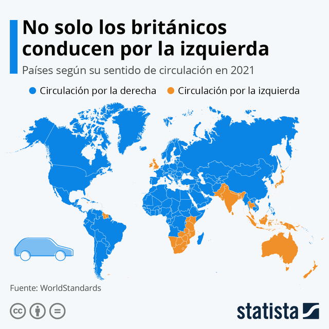  Los países del mundo que conducen por la izquierda. Foto: WorldStandards/Statista<br>    