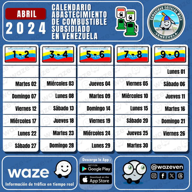  Este es el cronograma de abril 2024 de la gasolina subsidiada en Venezuela. Foto: WazeVen/Instagram   
