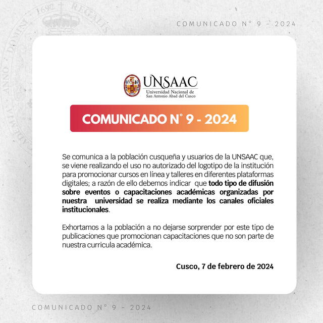 <em> Comunicado de la UNSAAC al respecto. Foto: captura de Facebook</em>   