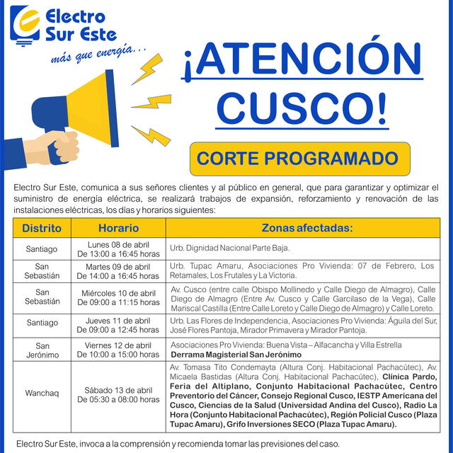  Corte de luz en Cusco. Foto: Electro Sur Este   