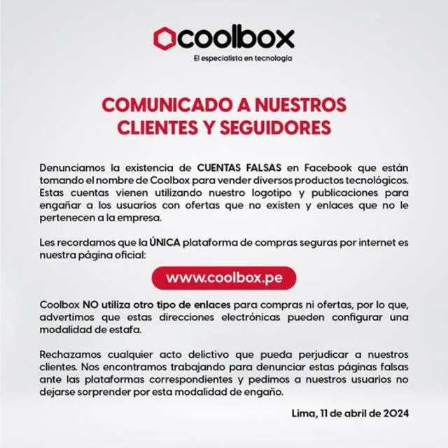  Comunicado de Coolbox Perú. Foto:&nbsp; Facebook / Coolbox Perú.   