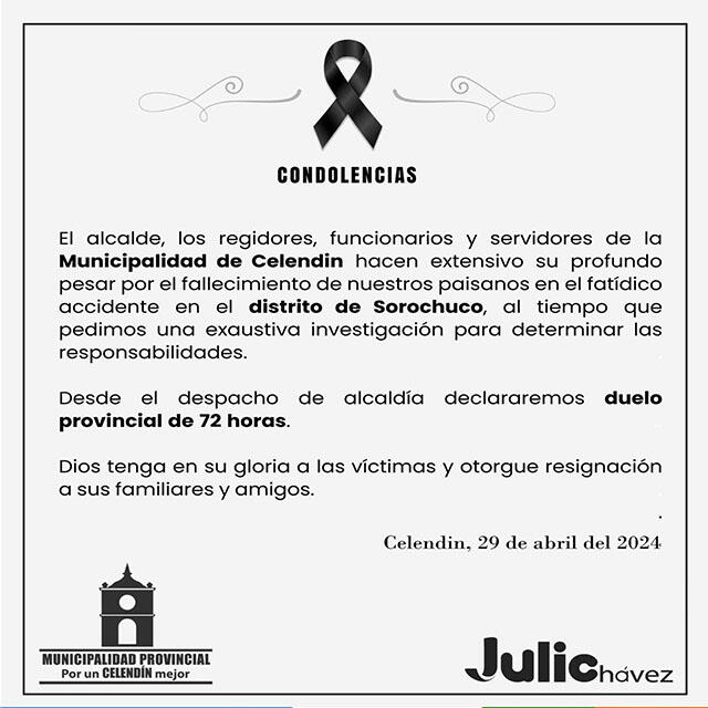 <br> Municipalidad de Celendín realizó un llamado a las autoridades para determinar a los responsables del accidente que dejó el saldo de 25 personas fallecidas. Foto: Municipalidad Provincial de Celendín    