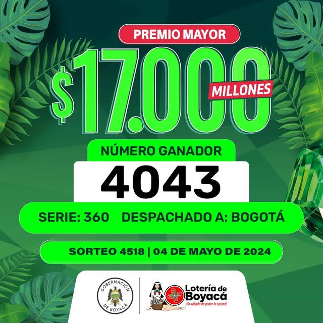 Lotería de Boyacá 4518 | boyacá 4 de mayo | resultados del boyalotto | Colombia