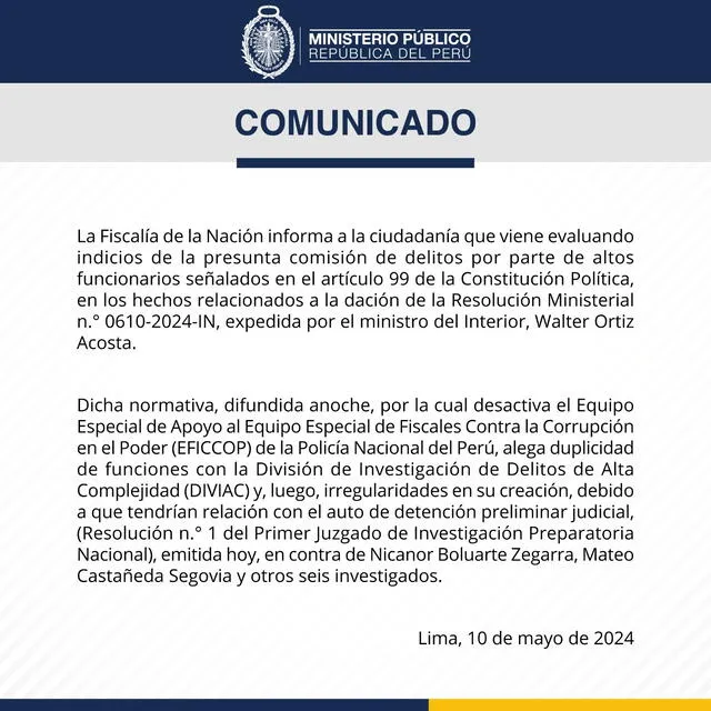 Comunicado del Ministerio Público.   