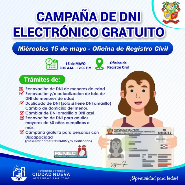  La campaña de DNI electrónico busca que los ciudadanos hagan trámites por línea. Foto: Municipalidad Distrital Ciudad Nueva   