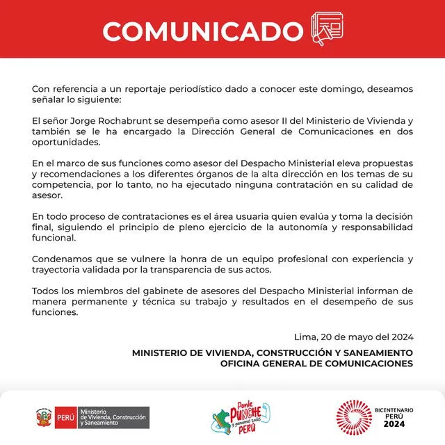 Comunicado del Ministerio de Vivienda. Foto: Ministerio de Vivienda   