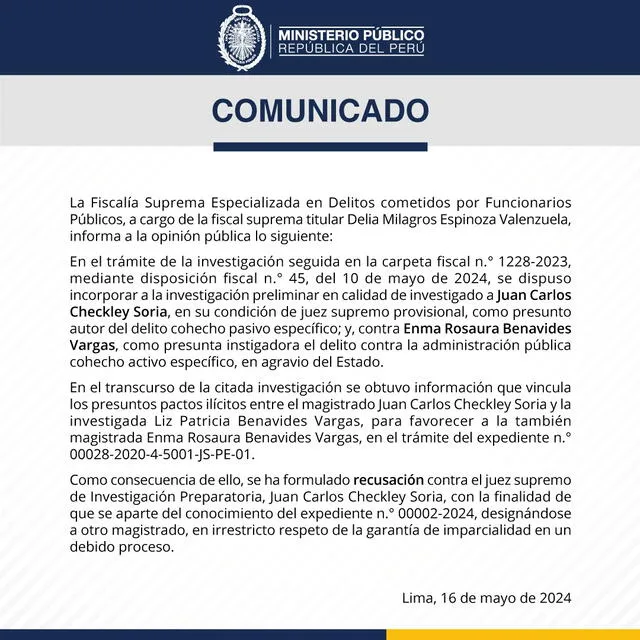La formulación de recusación contra Checkley Soria la realizó la magistrada Delia Espinoza. Foto: Ministerio Público.   