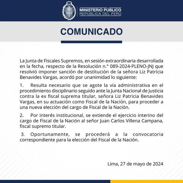 Junta de Fiscales Supremos determinó que Villena Campana siga al mando del Ministerio Público. Foto: Fiscalía.   