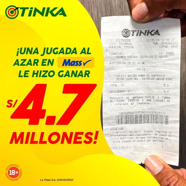 Segundo ganador: se llevó 4,7 millones de soles el domingo 12 de mayo. Foto: La Tinka/Instagram   